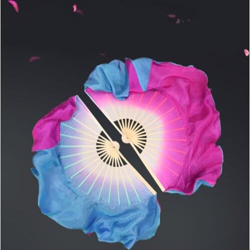 Two-Colored Yangko Dance Fan Rose Red Lake Blue Gradient Chinese Style Bamboo Classical Dance Fan Pairs (L+R)
