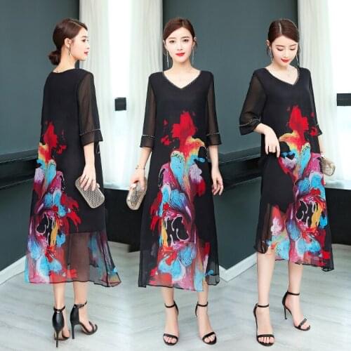 Imitate silk dress female summer fashion print mesh dress Loose large size M-4XL high quality elegant and comfortable vestidos