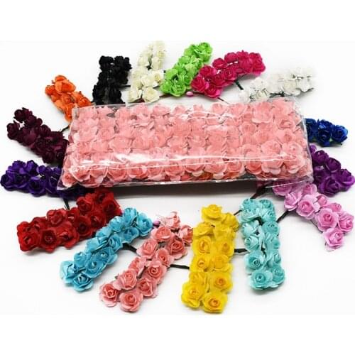 144 Pieces Artificial Flowers Fake Paper Rose Mini Bouquet Wrist Home Decoration Accessorie Scrapbooking Brooch Girl Headdress