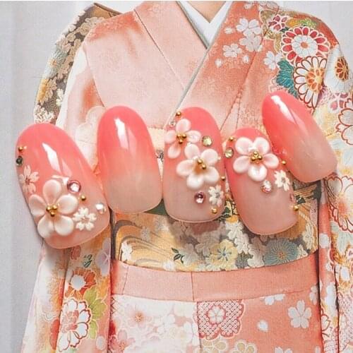 Kimono oriental cherry style flower pattern 3D fake nails Japanese gradual pure color false nails 24pcs lady full nail tips