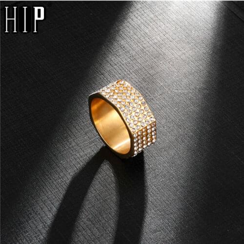 HIP Hop Stainless Steel Micro Pave Rhinestone Gold Color Iced Out Bling Square Rings for Men Jewelry Ring Dropshipping