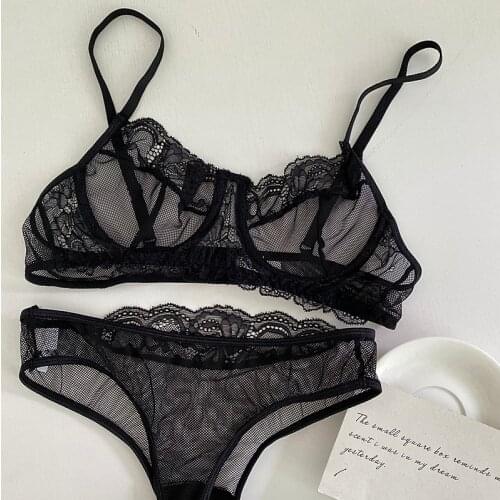 Sexy ultra-thin erotic lingerie set black mesh transparent see-through temptation provocative bra midnight lingerie panty