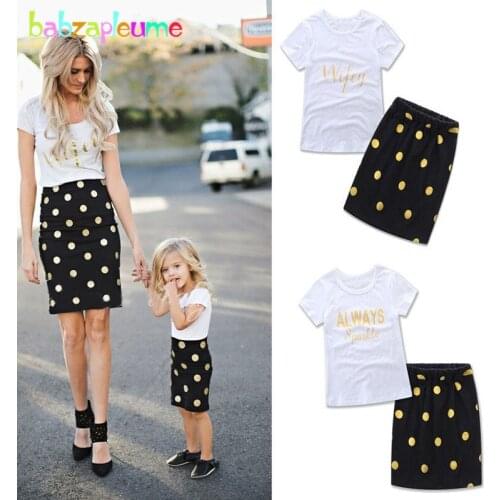 Babzapleume Summer Mother And Daughter Clothes Matching Outfits Baby Girls Clothes T-shirt+Dot Skirt Family Clothing Sets BC1428