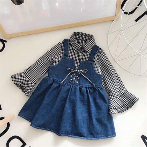 DFXD Toddler Girls Clothing Set 2018 New Arrival Spring Plaid Flare Sleeve Blouse+Jeans Strap Dress 2pcs Girls Outfits 2-8Years