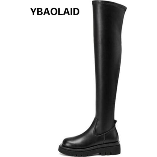 Leather Round Toe Side Zipper Over The Knee Long Barrel Knight Boots Autumn and Winter New Solid Color Flat Elastic Thin Boots