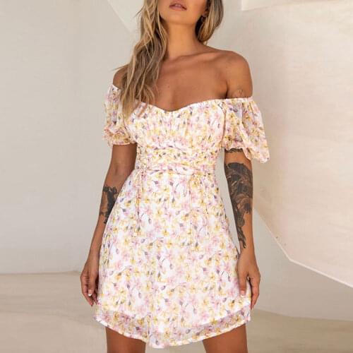 Flower Summer Dress For Women Bohemian Puff Sleeve Slash Neck High Waist Waist Slimming Fashion Birthday Party Mini Dress