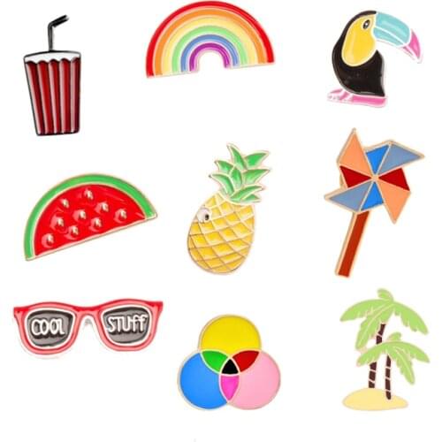 Cartoon Fruits Brooch Watermelon Pineapple Windmill Glasses Coconut Tree Enamel Pins Women Men Denim Jackets Pin Badges Jewelry