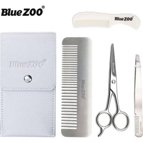 4Pieces-Kit Beard Moustache Scissor and Comb Set Kit Man Care Stainless Steel Nose Hair Scissors Trimming Scissors Safety Use