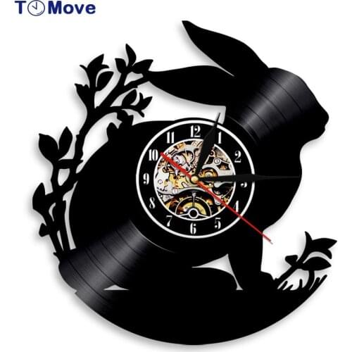 Rabbit Silhouette Wall Clock Battery Operated Woodland Animal Nursery Art Baby Room Vinyl Record Wall Clock Bunny Decor Gift