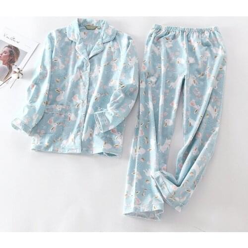 2021 New Pajamas Women Kawaii Cartoon Pajamas 100% Brushed Cotton Female Cute Night Suit Long Sleeve Sleepwear Big yard S-L