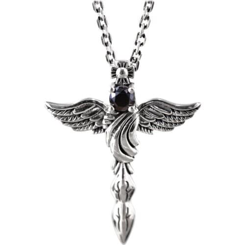 BOCAI New Real s925 Silver Jewelry 2021 Fashion Personality Angel Wings Feather Cross Pendant for Men and Women