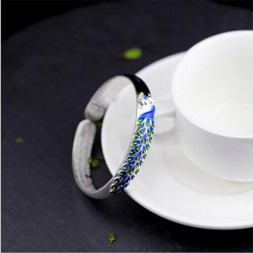 New Exquisite Crystal Peacock Epoxy Temperament Bracelets 925 Sterling Silver Jewelry Six-word Mantra Opening Bangles SB204