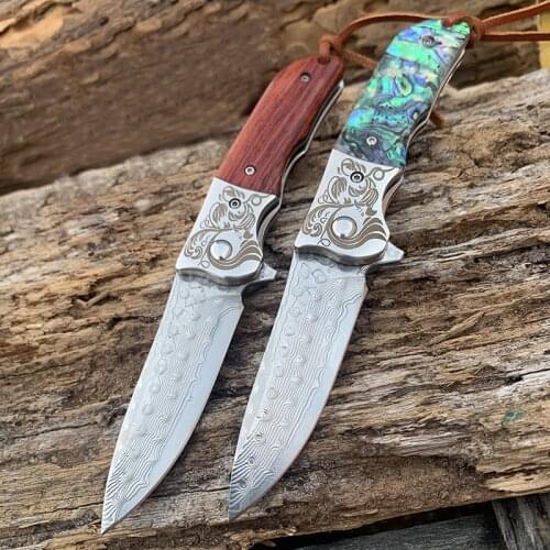 SAMSEND New Folding Knife Damascus Blade rosewood /Colored shell Handle Carved Steel Head, Handmade Gift Knife