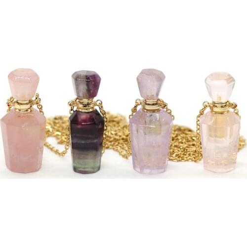 Natural Perfume Bottle Crystal Stone Pendant Necklace Amethysts Rose Quartzs Essential Oil Diffuser Charm Copper Chain Jewelry