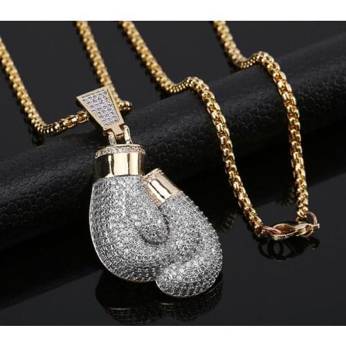 Iced Out Bling Cubic Zircon Boxing Gloves Pendant Necklace MenS Hip Hop Rock Jewelry Fashion Party Jewelry Gift