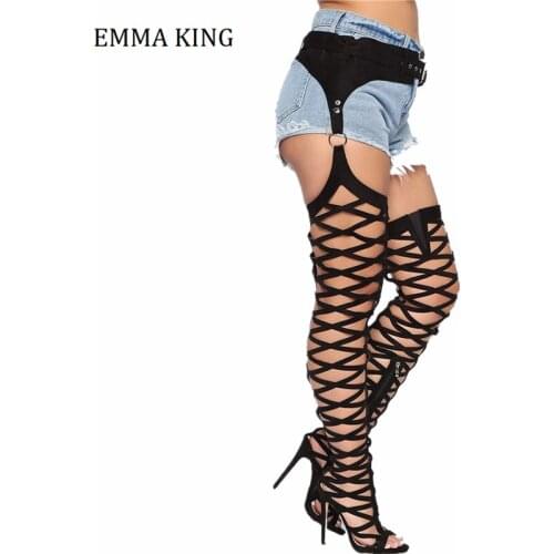 Sexy Black High Heels Gladiator Sandal Shoes Woman Peep Toe Cut Outs Thigh High Boots Summer Feminina Waist Belted Sandal Boots