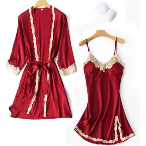 Pajamas Set Womens V-Neck Cami Pijama 2PCS Sexy Nightgown Kimono Robe Gown Lady Sleep Suit Sleepwear Wear Home Nighties Clothes