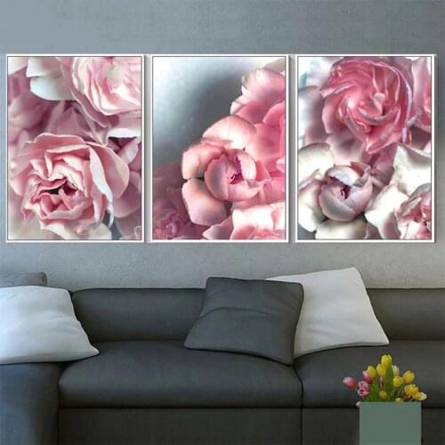 Full Square Round Diy Diamond Painting Pink Peony Flower Wall Art 3 Pcs Diamond Embroidery Puzzle Mosaic Home Decor Triptych