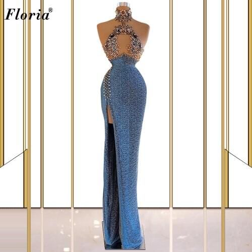 Luxury Peals Prom Dresses Halter Sleeveless Sexy Cocktail Party Dresses Vintage Celebrity Dresses Haute Couture Robe Femme