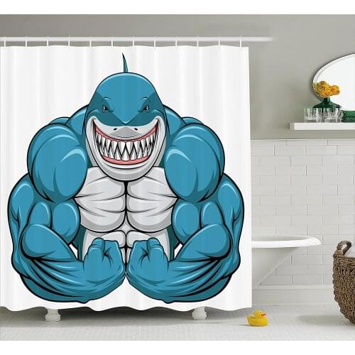Fish Shower Curtain A Smiling Toothy White Shark with Big Muscles on Arms Illustration Print Bathroom Waterproof Curtains