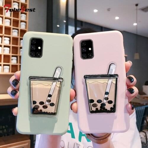 Liquid Drink Silicone Case For Samsung Galaxy A51 A71 A81 A91 A01 A21 A11 A41 A31 A21S M51 M31 M21 Pearl Milk Tea Cover