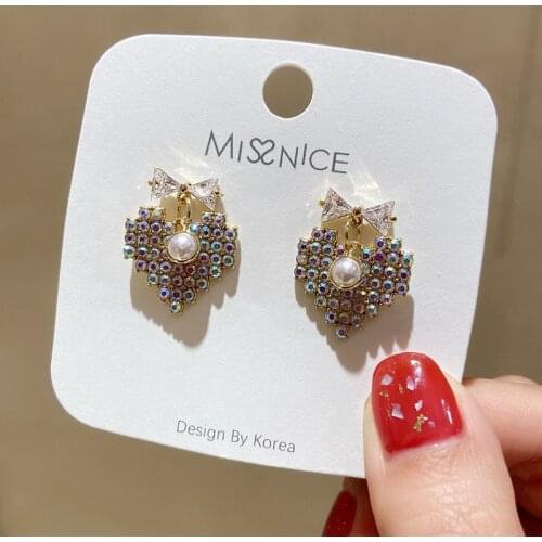 Korean Fashion Cute Zircon Crystal Bowknot Colorful Rhinestone Heart Stud Earrings for Women Girls Trendy Summer Jewelry MS244