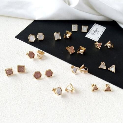 Vintage Simple Ear Clip Pierced Earrings No Hole Square Triangle Round Brown Geometric Cip Earrings Without Piercing For Women
