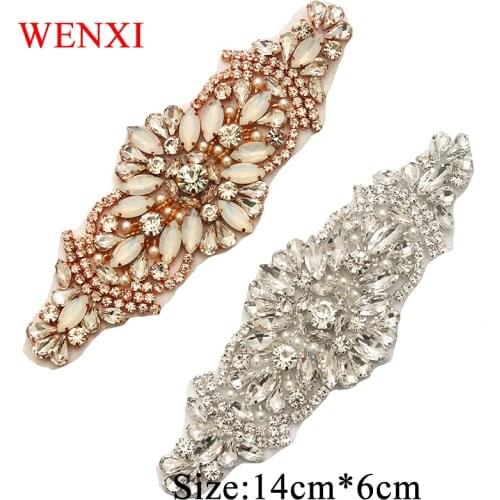 WENXI 10PCS Handmade Clear Rose Gold Crystal Rhinestones Appliques With Protein Beads Accessory DIY Bridal Waiswband WX856