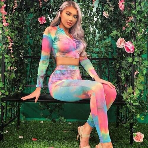 Women Colorful Printed 2 Piece Matching Sets Outfits Tracksuits Long Sleeve Zipper Shirt Cropped Tops Leggings Jogger Sweatsuits