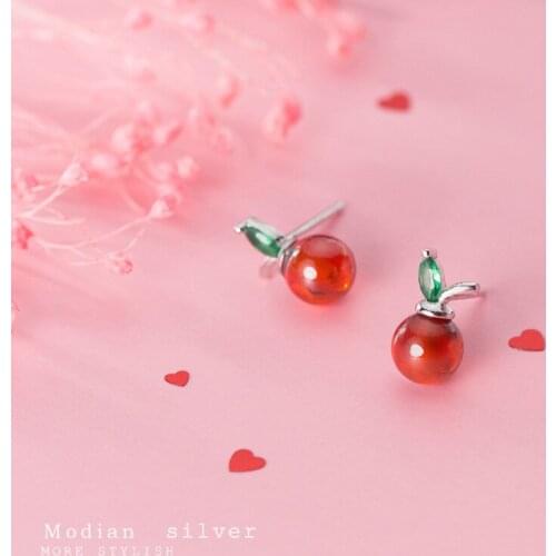 COLUSIWEI Authentic 925 Sterling Silver Summer Green Leaf Red Apple Stud Earrings for Women Fashion Natural Garnet Jewelry Gifts