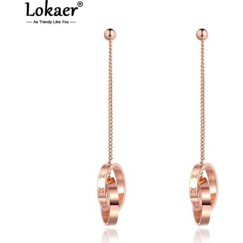 Lokaer Stainless Steel Roman Numerals Double Circles Tassel Earrings Jewelry Rose Gold Dangle Earrings For Women Girls E19090