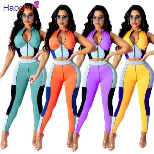Contrast Color Patchwork Womens Sport Suit Zipper Up Sleeveless Slim Fit Crop Top Strethy Sweatpant Loungewear 2 Piece Outfits