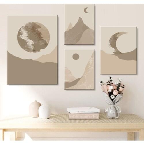 Abstract Boho Mountain Wall Art Posters and Pictures Sun and Moon Pink Landscape Canvas Painting for Living Room Home Decor