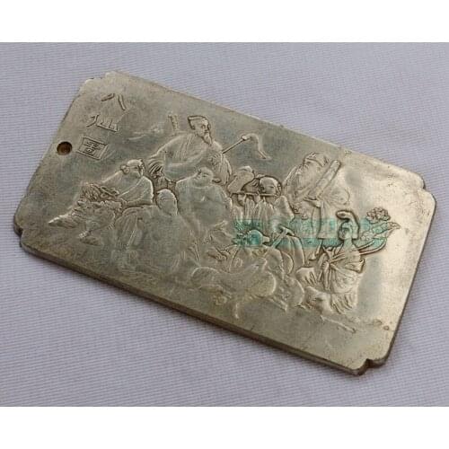 Bulón de plata de Tíbet chino thanka los Ocho inmortales cruzan la estatua del mar amuleto etiqueta de la cintura, colgar ar