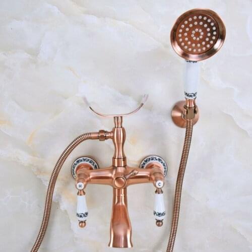 Antique Red Copper Wall Mounted Bathroom Tub Faucet Dual Ceramic Handles Telephone Style Hand Shower Clawfoot Tub Filler ana379