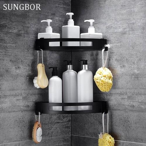 Antique Corner Shelf Rack Bathroom Shelves Aluminum Storage Rack Space Aluminum Bathroom Shelf Black Shelves With Hooks HL-3668H