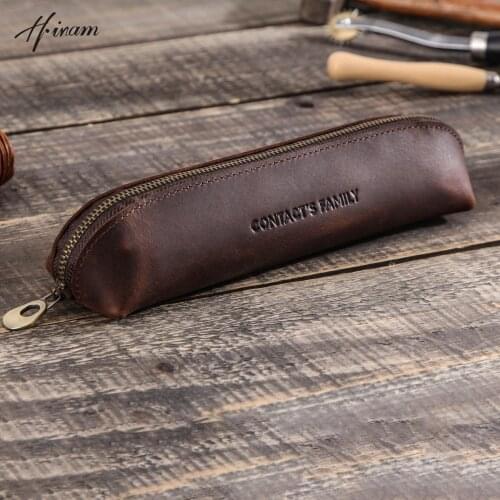 Retro Pencil Case 100% Genuine Leather Vantage Pen Bag Large Capacity Cowhide Zipper Holder