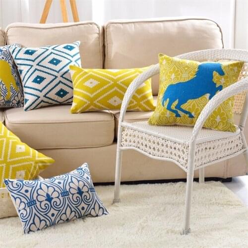 Decorative Pillows Case Geometric Animals Blue Square quadrilateral Horse Sawtooth stripes Cotton Linen Cushion Cover coussins