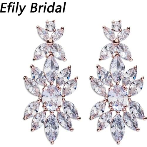 Efily Fashion Cubic Zirconia Flower Earrings for Women Accessories Rose Gold Color Bridal Wedding Earring Party Jewelry Gifts