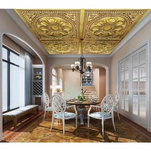 European wallpaper painting ceiling for living room bedroom Embossed golden lotus 3d ceiling wallpaper 3d stereoscopic home