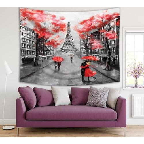 Tapestry Street with View of the Eiffel Tower Buildings and Trees Autumn Day in Paris European City Landscape Gray Red