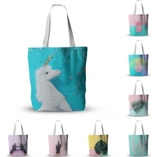 Pink Mint Canvas Shoulder Tote Bag for Women Handbags Pineapple Abstract Unicorn Shopping Bag Ladies Beach Shopper Bag