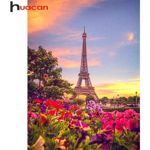 Huacan Diamond Art Painting Mosaic Eiffel Tower Scenery Room Decor Diamond Embroidery Sunset Flower Landscape Wall Sticker