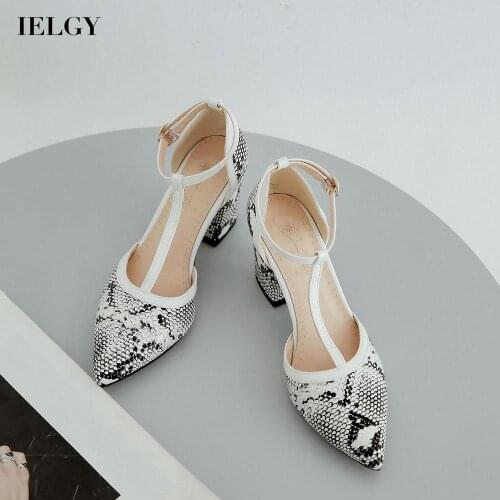 IELGY large size thick heel mid heel snake print shallow mouth Womens sandals all-match retro style pointed toe casual