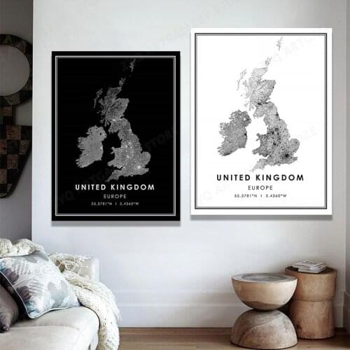 UNITED KINGDOM Map Posters And Prints Map Travel Wall Art Canvas Painting Black White Picture for Living Room Home Decor