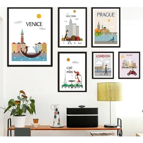 Cartoon City Landscape Canvas Painting Modern Minimalist Wall Art Posters and Prints Wall Pictures for Living Room Home Decor