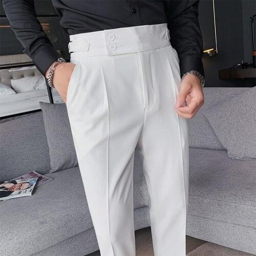 2021 New Design Men High Waist Trousers Solid England Business Casual Suit Pants Straight Slim Fit Bottoms White Clothing 29-36