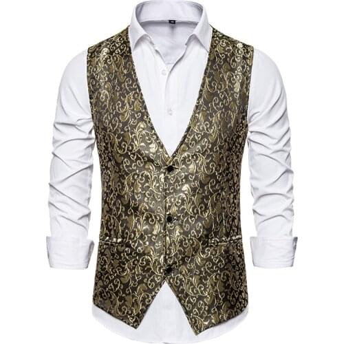 Mens Gold Paisley Jacquard Vest Single Breasted V-Neck Suit Vest Tuxedo Waistcoat Gothic Aristocrat Steampunk Victorian Gilet