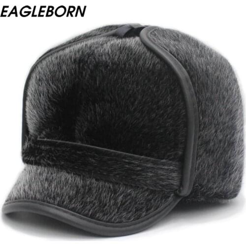New Winter Men Russian Hat Faux Fur Hat Fashion Fur Dad Hats Ushanka Bomber Hats Ear Flap Thicken Winter Cap for Mens The Aged