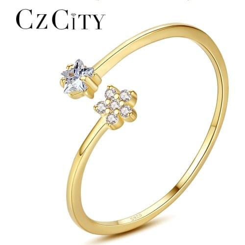 CZCITY New Fashion Golden Star and Flower Adjustable Rings for Women Fine Jewelry Wedding Engagement CZ Bague Bijoux Femme Gifts